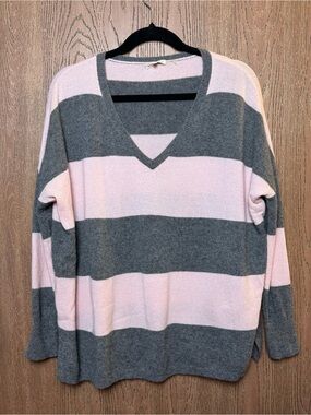 Minnie Rose Oversized Striped V-Neck Sweater in Pink and Gray
